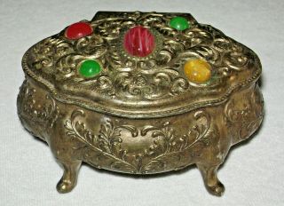 Vintage Metal Jewelry Trinket Box Embossed Scroll Hinged Lid With Stones