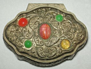 Vintage Metal Jewelry Trinket Box Embossed Scroll Hinged Lid with Stones 2
