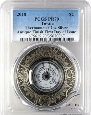 2018 $2 Tuvalu Thermometer Antique Finish 2oz 9999 Silver Coin Pcgs Pr70 Fd