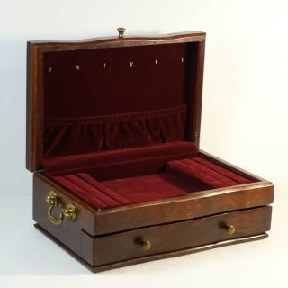 Vintage Wood Jewelry Box Chest Organizer W/ 1 Drawer Brass Hardware