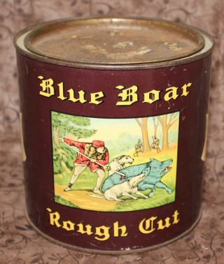 Vintage Blue Boar Rough Cut Pipe Tobacco Can With Lid