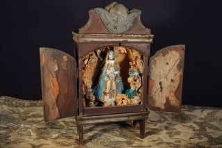 Antique Folk Mexican Nicho Virgen Wood And Glass & Cast Lead Angel Early Xxs