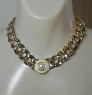 Georgeous Vintage Monet Gold Tone Faux Pearl Statement Necklace 15 " To 17 "