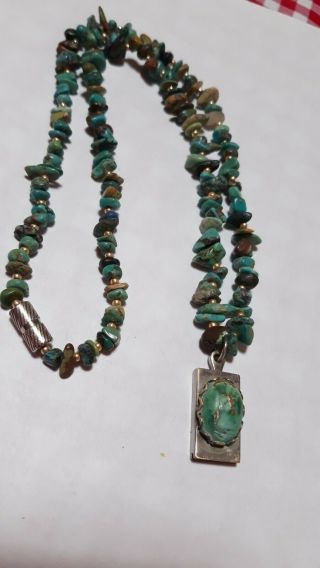 Vintage Natural Kingman Turquoise Beads Silver Tone Pendant Necklace 18 