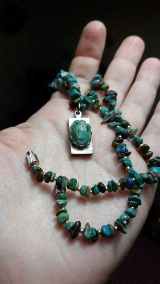 Vintage Natural Kingman Turquoise Beads Silver Tone Pendant Necklace 18 