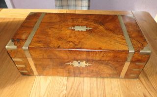 Antique Flame Walnut Campaign Writing Slope With Brass Banding And Secret Drawer