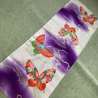 Japanese Vintage Silk Kimono Fabric Textile Floral Butterflies White Purple Boro