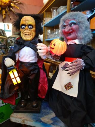 Vtg Halloween Animated Lighted Witch/ Skeleton Couple Table Top Prop 24 " Tall