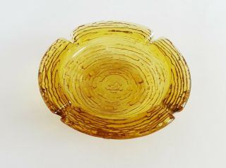 Ashtray Glass Amber Gold Vintage Heavy Round Ribbed