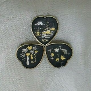 Vintage K24 Black Gold & Silver Damascene 3 Heart Shaped Brooch Pin
