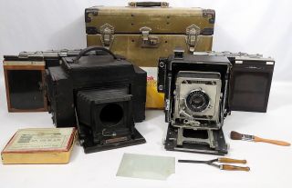 2 Antique Folmer Schwing Kodak Graflex Cameras Speed Graphic W/case Glass Plates