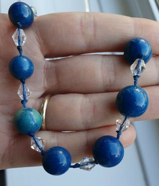 Vintage Lapis Lazuli & Crystal Glass Bead Hand Knotted Necklace For Repair