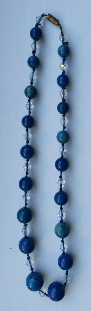 Vintage Lapis Lazuli & Crystal Glass Bead Hand Knotted Necklace For Repair 3