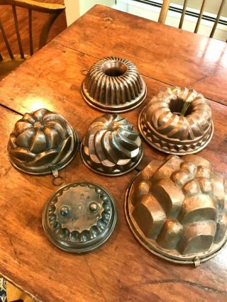 Set Of 6 Antique Copper Molds Tin Lined Kitchen Wall