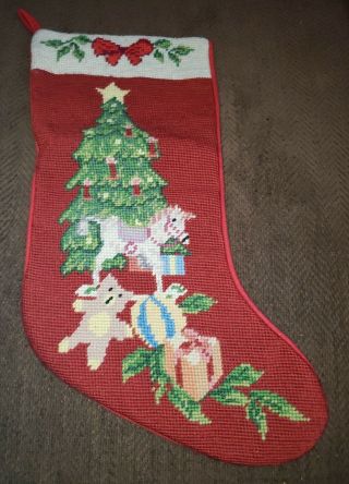 Vtg Wool Decorated Christmas Tree Needlepoint Embroidered Christmas Stocking 16 "