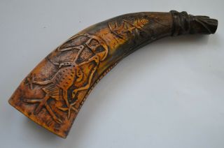 Good Antique Carved Horn Powder Flask 18th Century Hungarian
