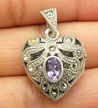 925 Silver - Vintage Amethyst & Marcasite Heart Locket Pendant (opens) - P6714
