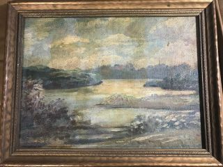 Antique " River And Landscape Scene " Oil On Board Painting - Framed