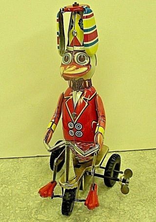 Vintage Tin Wind - Up Duck On Tricycle Propeller Hat Spins - Schylling Collecton