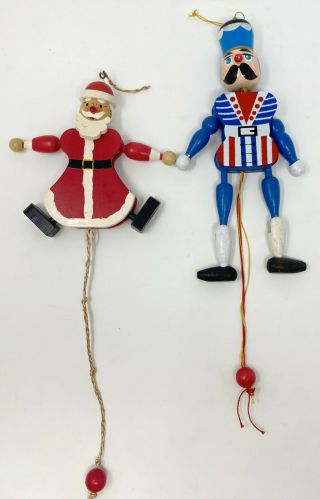 Vintage Wood Pull String Jumping Jack Toy Santa/ Nut Cracker Christmas Ornaments