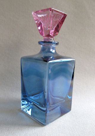 Fine Vintage Blue & Pink Art Glass Perfume Bottle - 5 " Tall - Now
