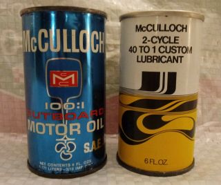 2 Full Nos Vintage Mcculloch Metal Motor Oil Cans Chainsaw Outboard Sinclair Old
