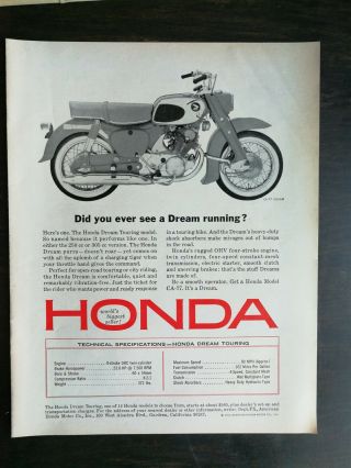Vintage 1965 Honda Dream Touring Model 250 & 305 Cc Motorcycle Full Page Ad