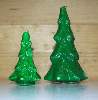2 Vintage Gurley Christmas Candles Green Evergreens / Pine Trees W/ Glitter