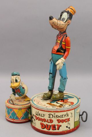 1945 Antique Walt Disney Donald Duck & Goofy Duet Tin Windup Toy Marx