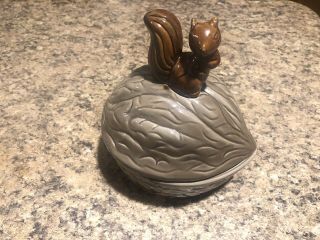 Vintage Ceramic Lidded Nut Dish Shaped Walnut With Squirrel On Top