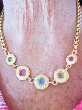 Authentic Vintage Liz Claiborne Matte Gold Tone Pastel Rhinestone Necklace 17 