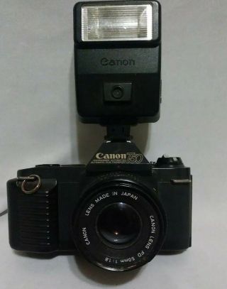 Vtg Canon T - 50 Camera,  Canon Lens Fd 50mm 1:1.  8 And Canon Speedlite 155a Flash
