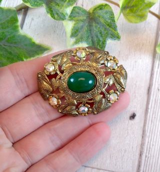 Vintage 1950s Gold Tone Oval Brooch With Green Glass - West Germany
