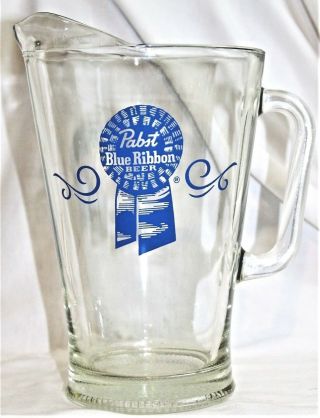 Vintage Pabst Blue Ribbon Beer Large Heavy Glass Beer Pitcher