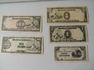 5 Vintage Japanese Government Wwii? Pesos 100,  10,  5,  1 And 50centavos Notes