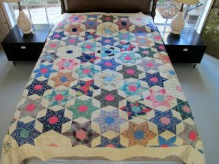 Needs Tlc: Vintage Hand Quilted Feed Sack Hexagonal Star Quilt,  88 " X 90 "