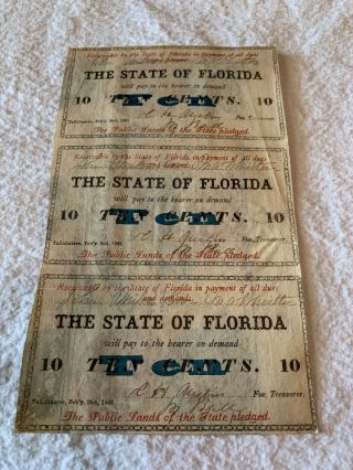 Antique 1863 State Of Florida 10 Cents Note Sheet Of 3