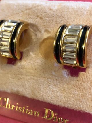 80’s Vintage Christian Dior Clip On Earrings Gold/enamel & Crystals