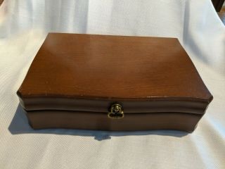 Vintage Jasco Wood Wooden Jewellery Box With Brown Velvet Tray Spanish Walnut