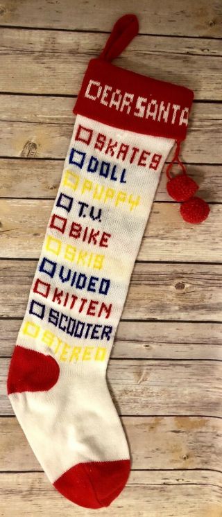 Dept 56 Christmas Stocking Knit Vtg 80’s Dear Santa List Tv Video Bike Doll Skis