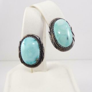Vtg Native American Sterling Silver Blue Turquoise Oval Earrings Lfk4