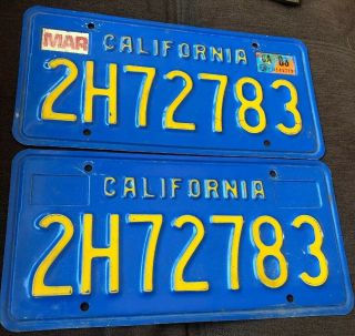 Vintage 1970s - 80s California Blue License Plate Set Matched Pair Truck 2h72783