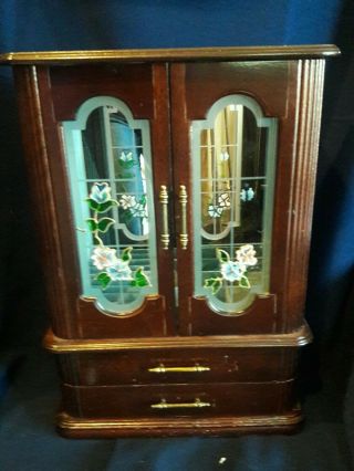 Vintage Wood Jewelry Box Glass Doors W/ Stained Glass - Like Flowers