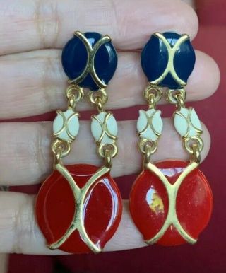 Fabulous Vintage 80s 90s Runway Couture Gold Red White Blue Enamel Drop Earrings
