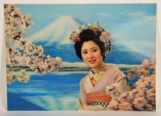Vintage 3d Lenticular Postcard Japanese Girl And Mount Fuji L013255