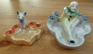 2 Vtg Porcelain Japan Ashtrays,  Lusterware Cat,  Clown