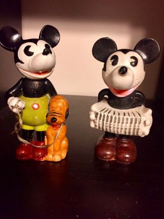 Rare 1930 Japan 2 Mickey Mouse Large Rare Bisque Figures Early Antique