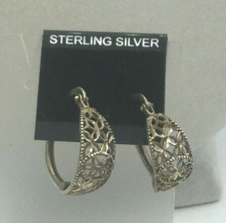 Vintage Sterling Earrings Silver 925 Laser Etched Filigree Pierced Locking Hoop