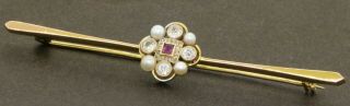 Antique Victorian 18k 2 - Tone Gold.  60ctw Diamond Pink Sapphire Pearl Bar Brooch
