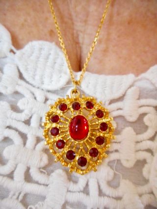 Authentic Vintage - Gold Tone Heart Red Rhinestone Pendant/necklace
